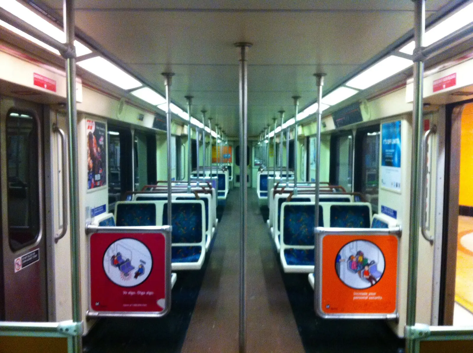 Empty passenger compartment inside a Los Angeles Metro train.