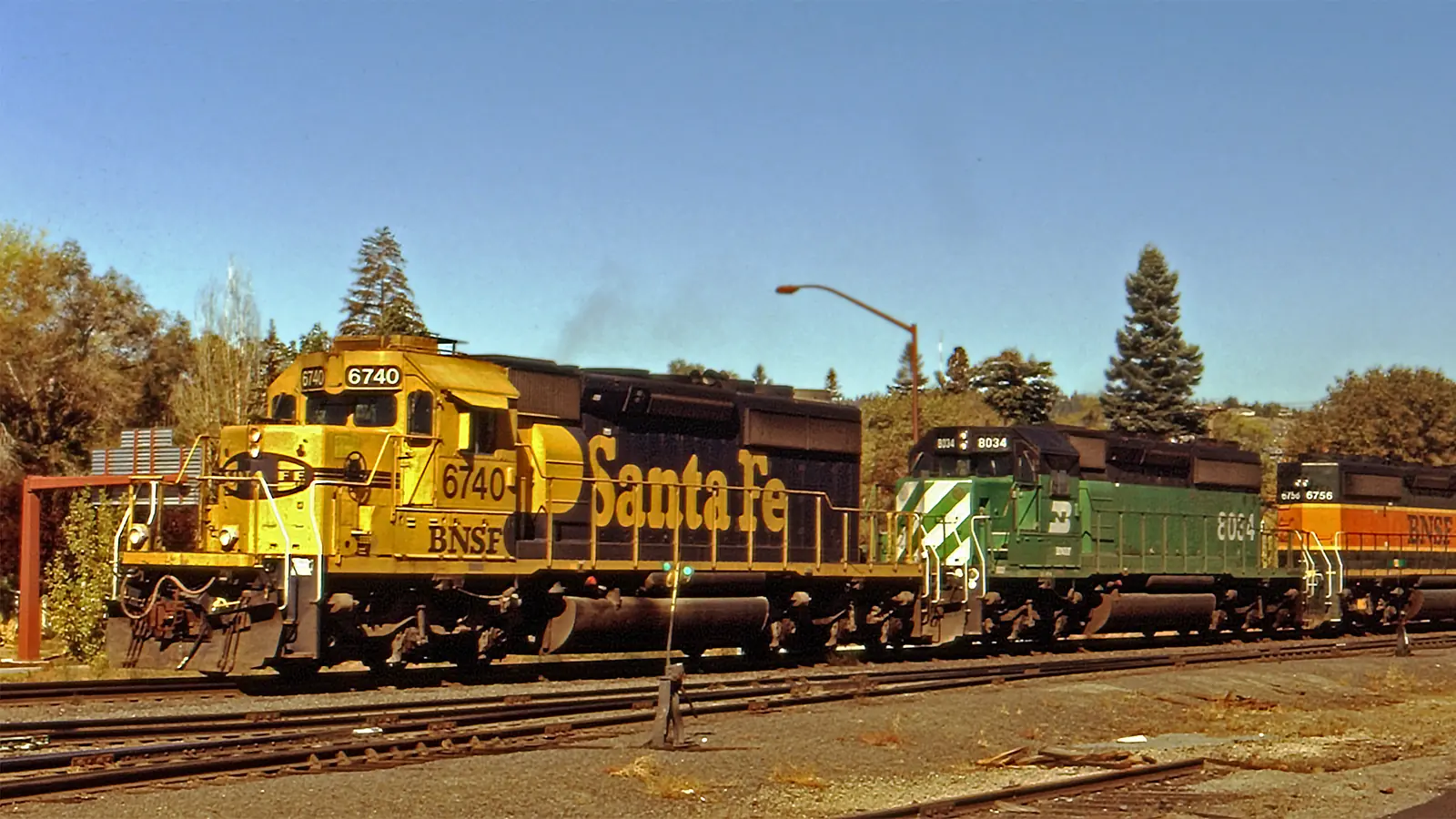 BNSF SD40-2 locomotives 6740, 8034 and 6756 traveling through Bend, Oregon BNSF SD40-2 locomotives 6740, 8034 and 6756 traveling through Bend, Oregon