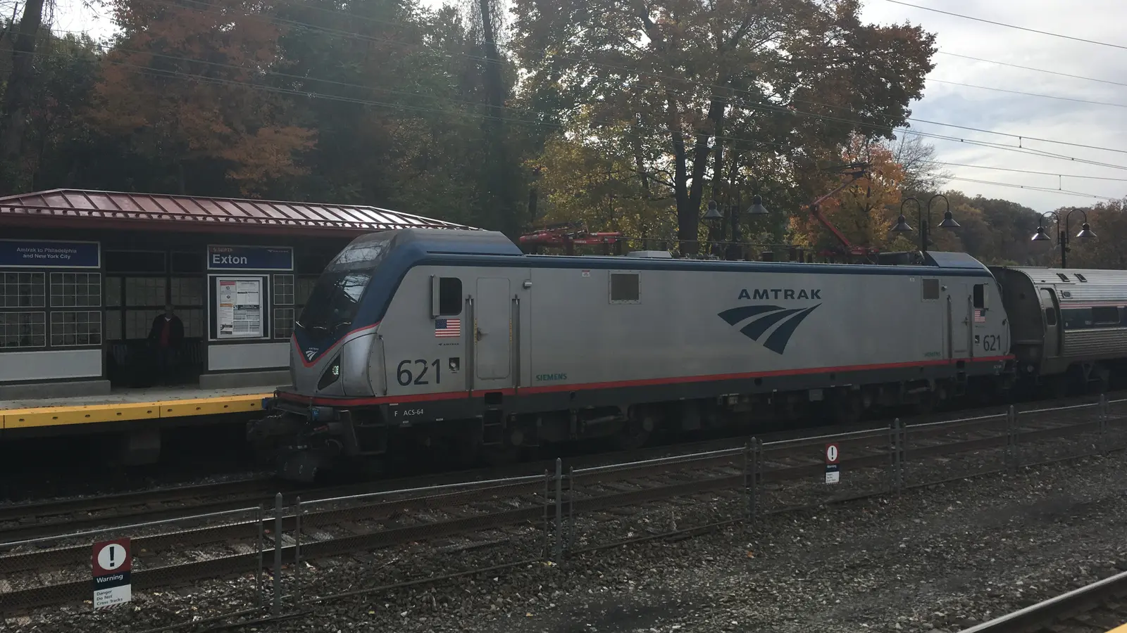 Amtrak ACS-64 locomotive No. 621 leading a Keystone Service train at Exton station in Pennsylvania. Amtrak ACS-64 locomotive No. 621 leading a Keystone Service train at Exton station in Pennsylvania.
