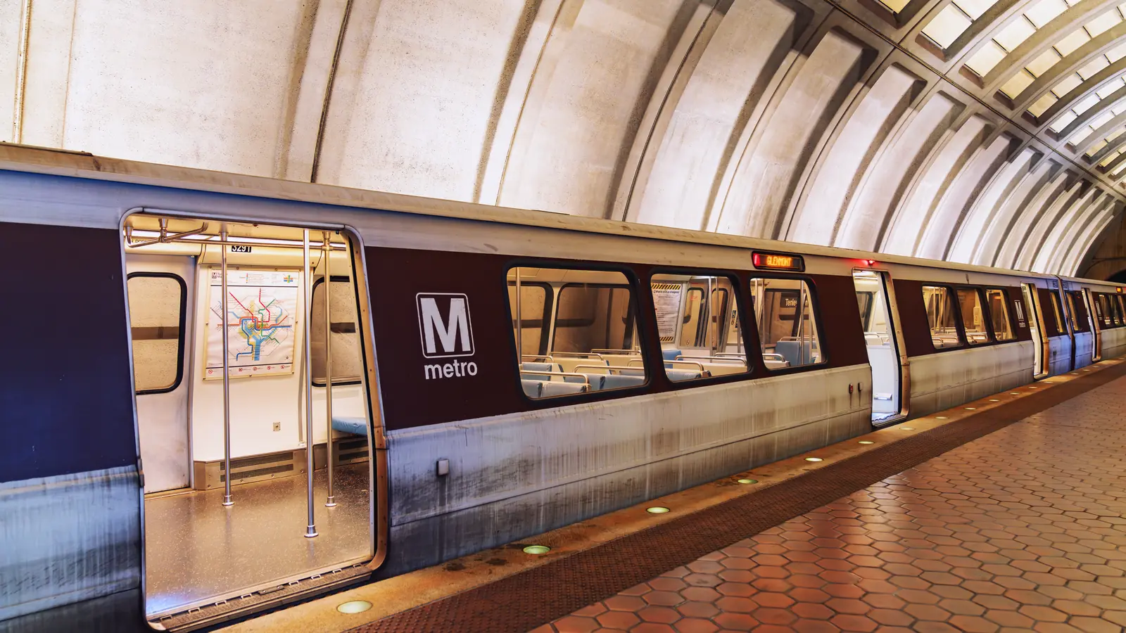 Washington Metro train standing at Tenleytown–AU station in Washington, D.C.