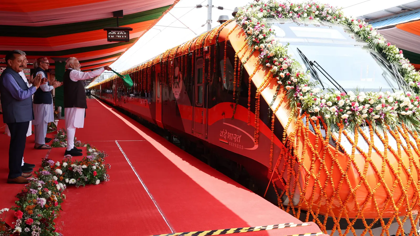 Flower-decorated Vande Bharat train being flagged off at Shri Mata Vaishno Devi Katra station Flower-decorated Vande Bharat train being flagged off at Shri Mata Vaishno Devi Katra station