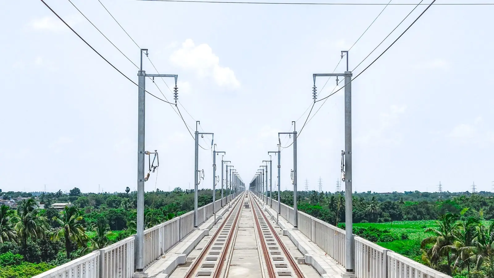 Overhead electrification masts and track on the Mumbai–Ahmedabad high-speed rail corridor