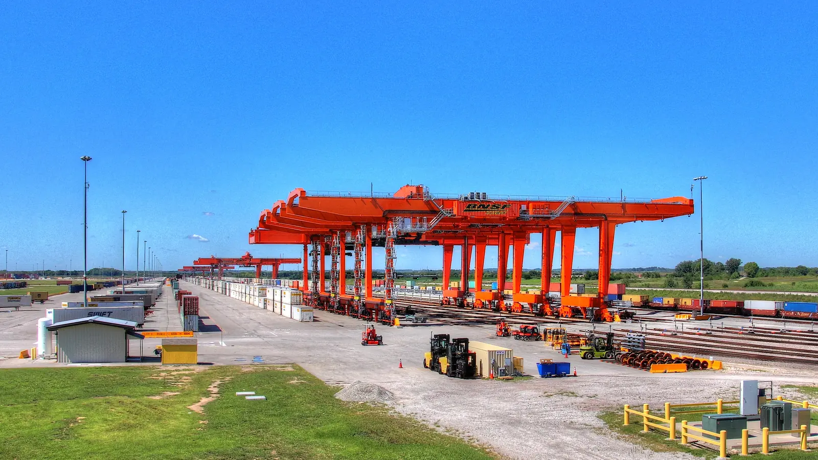 Gantry cranes and container-handling infrastructure at BNSF Logistics Park Kansas City in Edgerton, Kansas.