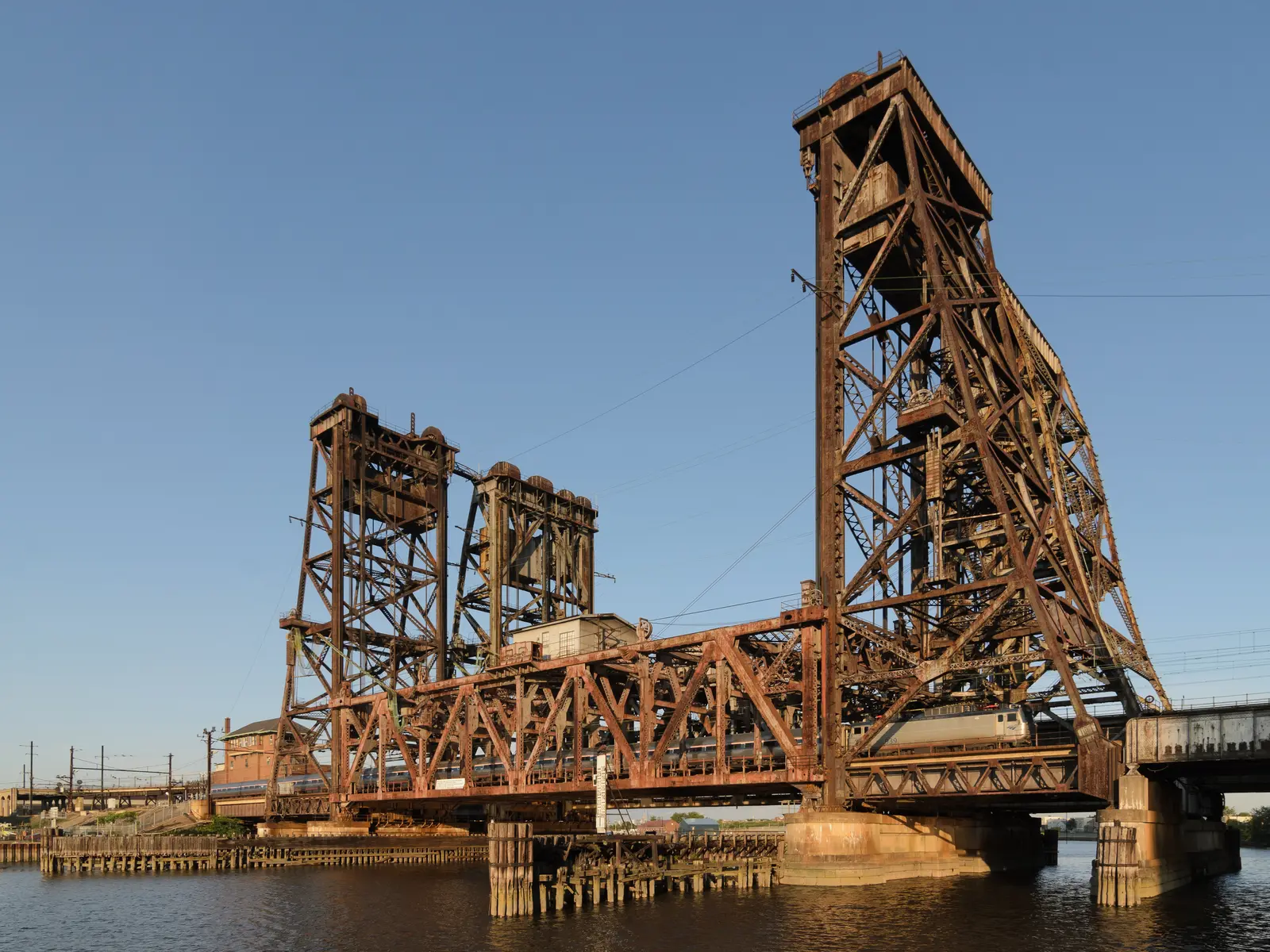 Amtrak train crossing Dock Bridge over the Passaic River Amtrak train crossing Dock Bridge over the Passaic River