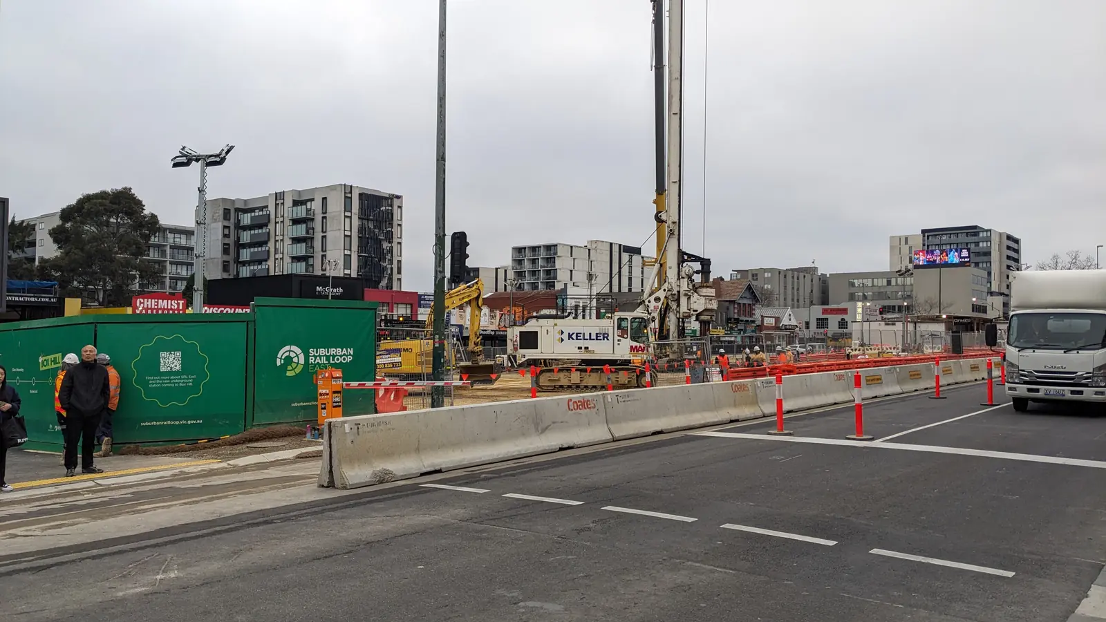 Suburban Rail Loop East construction works beside Whitehorse Road in Box Hill, Melbourne