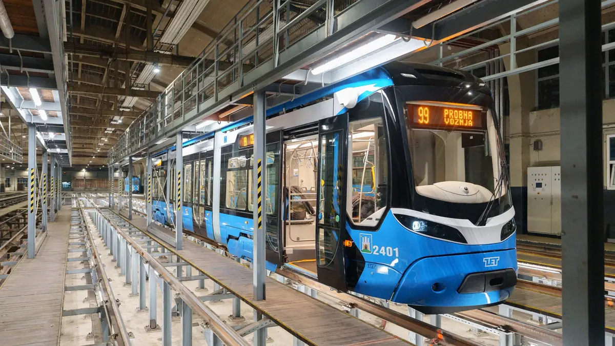 Blue Končar TMK 2400 tram inside Zagreb’s Remiza depot