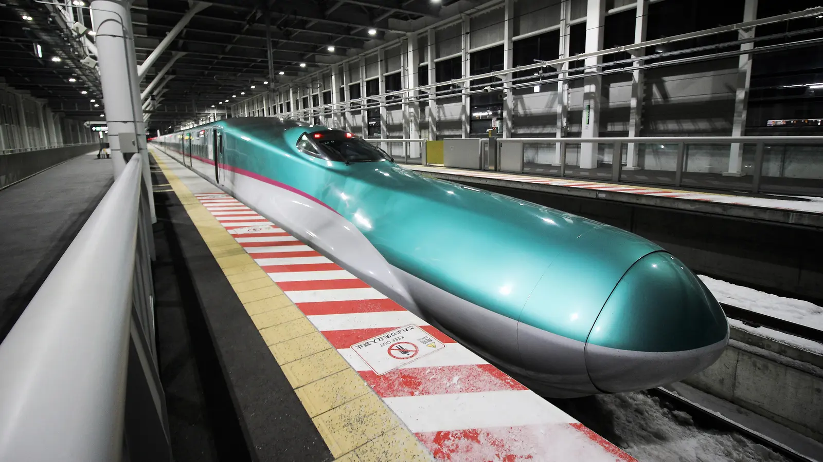 JR East E5 Shinkansen train at Shin-Hakodate-Hokuto Station in Japan, used as an illustrative high-speed rail image JR East E5 Shinkansen train at Shin-Hakodate-Hokuto Station in Japan, used as an illustrative high-speed rail image