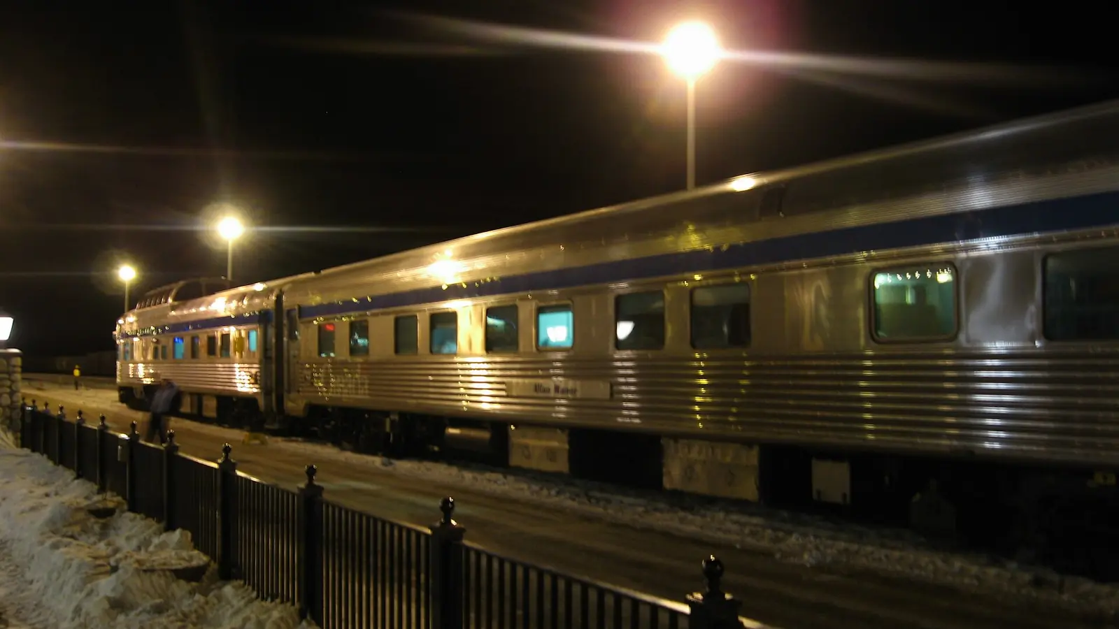 VIA Rail Allan Manor stainless-steel sleeper car at night in Jasper VIA Rail Allan Manor stainless-steel sleeper car at night in Jasper