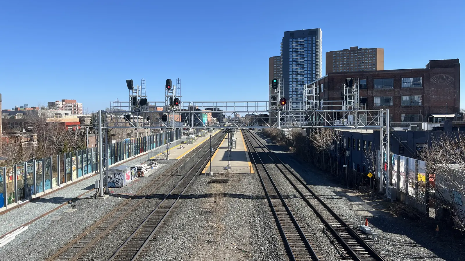 Elevated view of tracks and platforms at Bloor GO Station in Toronto
