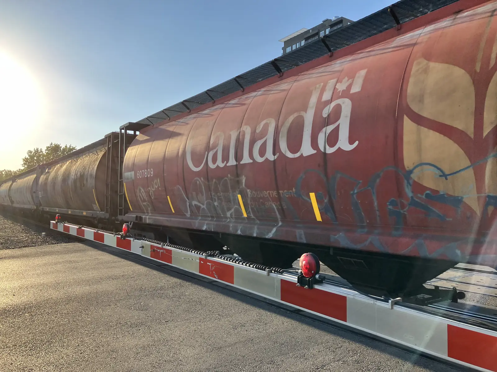 Red Canada-branded grain hopper car on a CN rail line in London, Ontario Red Canada-branded grain hopper car on a CN rail line in London, Ontario