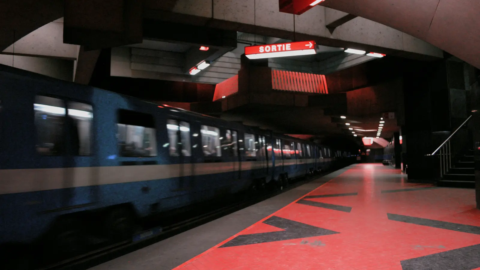 Blue Montreal Metro train at Acadie station platform Blue Montreal Metro train at Acadie station platform