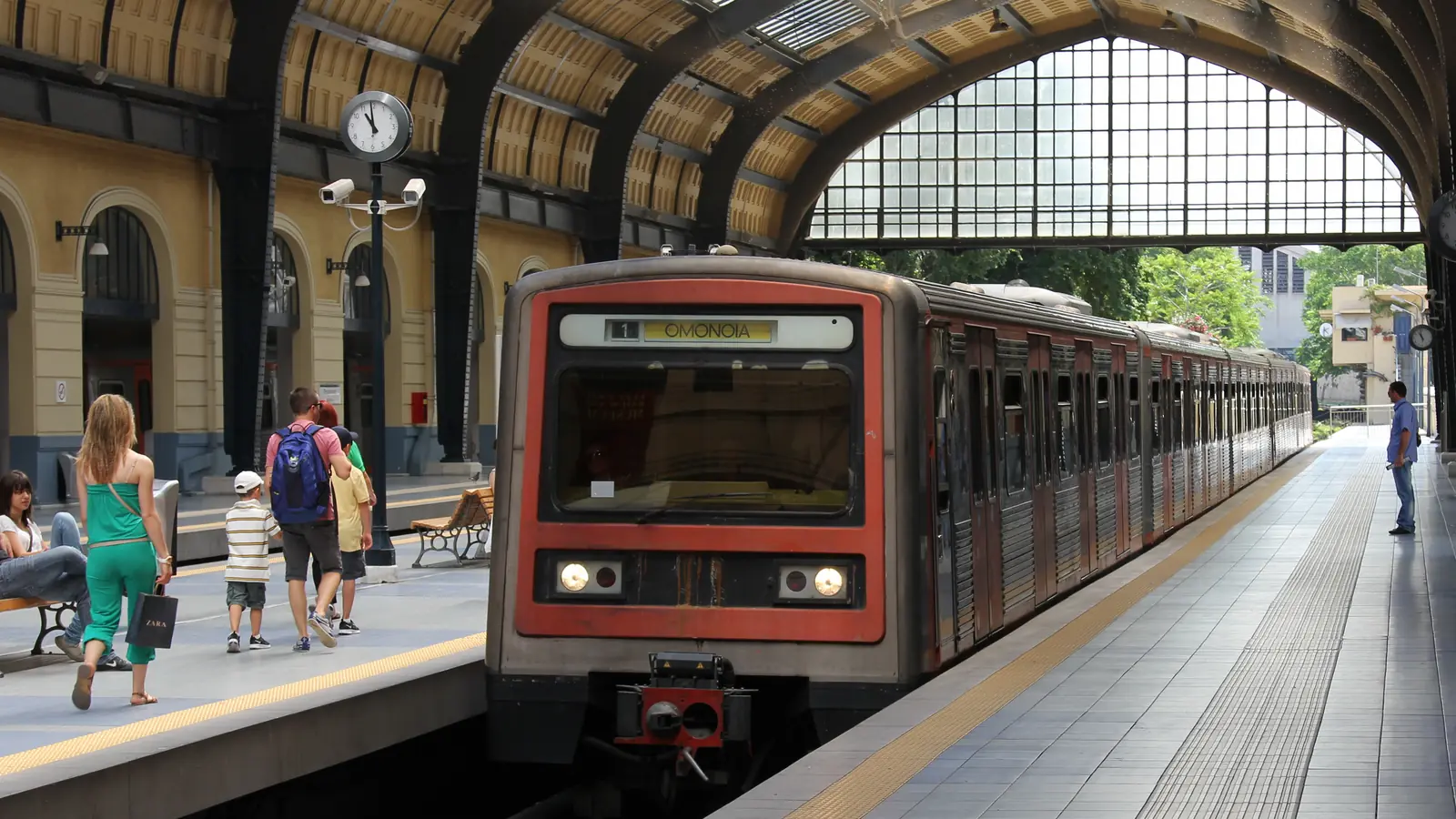 Athens Metro Line 1 train standing at Piraeus station