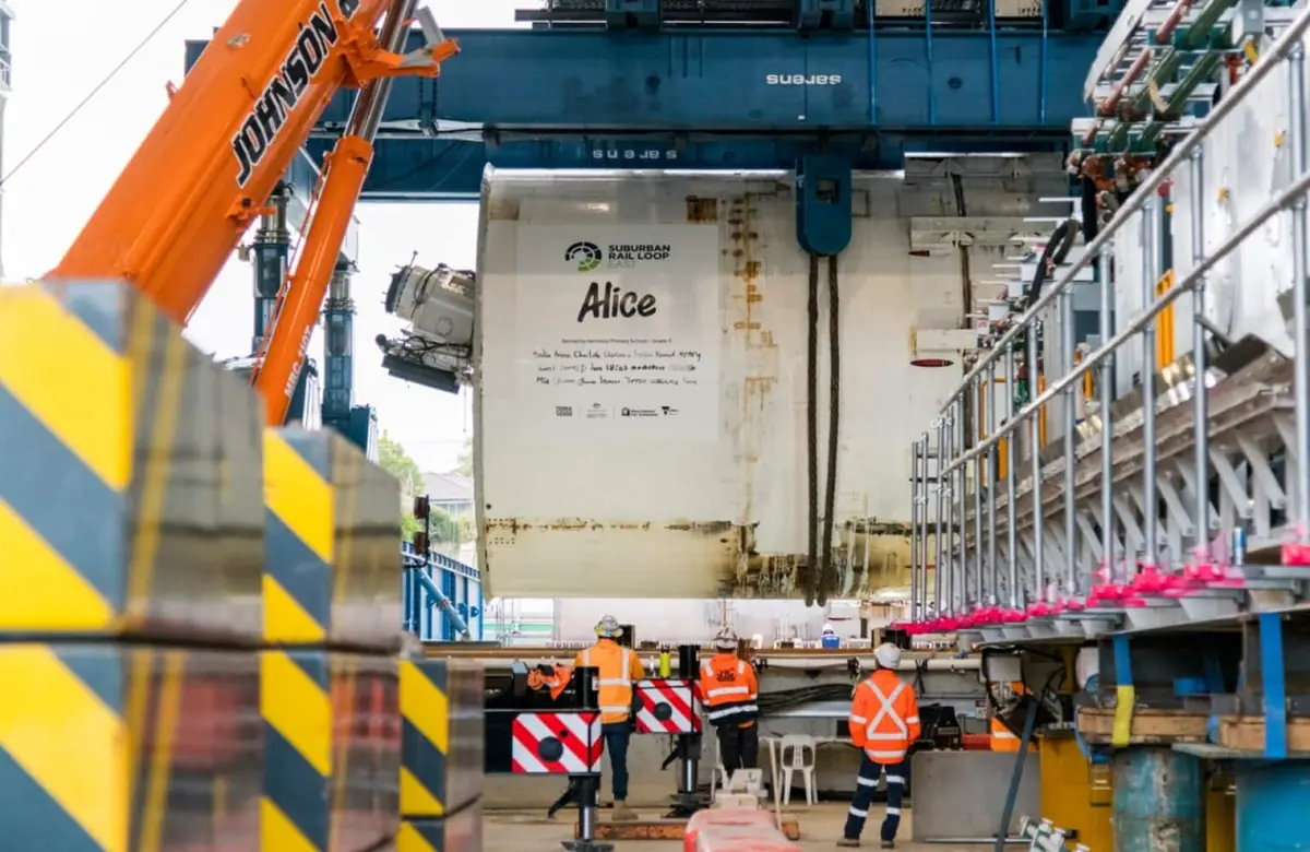 Suburban Rail Loop TBMs Alice and Hacia are in Burwood’s launch shaft before tunnelling begins toward Glen Waverley in Melbourne. Suburban Rail Loop TBMs Alice and Hacia are in Burwood’s launch shaft before tunnelling begins toward Glen Waverley in Melbourne.