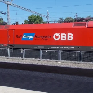 Rail Cargo Hungaria electric locomotive at Pécel station in Hungary.