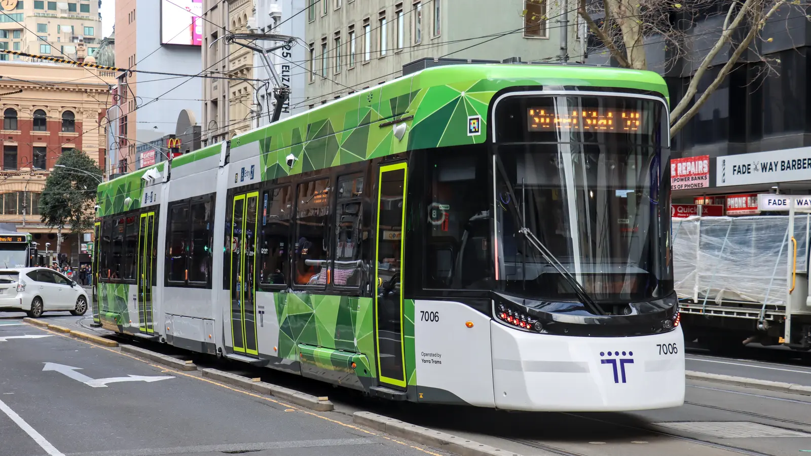 G Class tram 7006 operating Route 59 in central Melbourne on the first day of passenger service G Class tram 7006 operating Route 59 in central Melbourne on the first day of passenger service