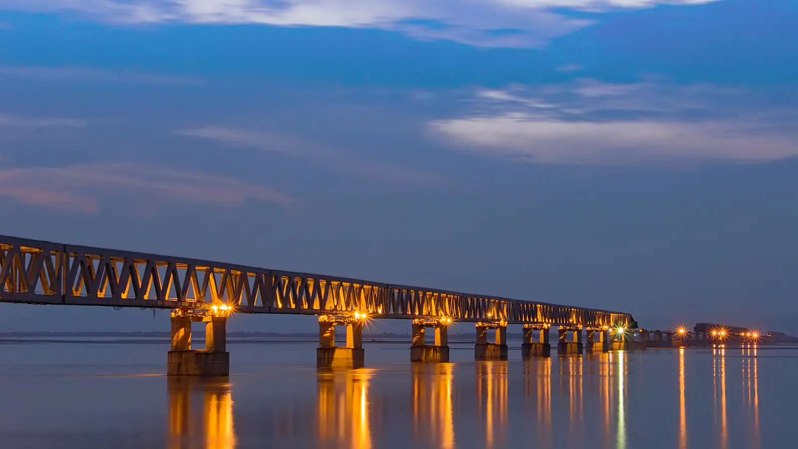 Bogibeel rail-and-road bridge in Assam at dusk Bogibeel rail-and-road bridge in Assam at dusk