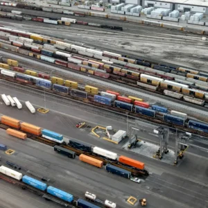 Aerial view of freight cars and intermodal containers at the Belt Railway of Chicago Clearing Yard.