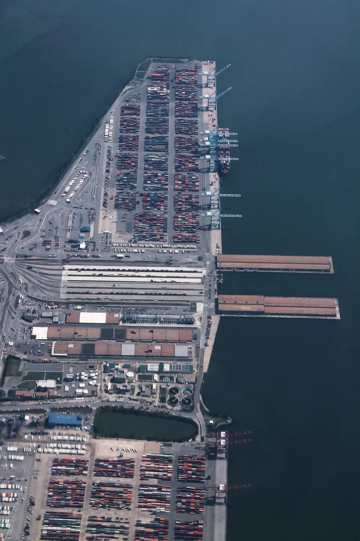 Aerial view of Norfolk International Terminals with container stacks and rail tracks