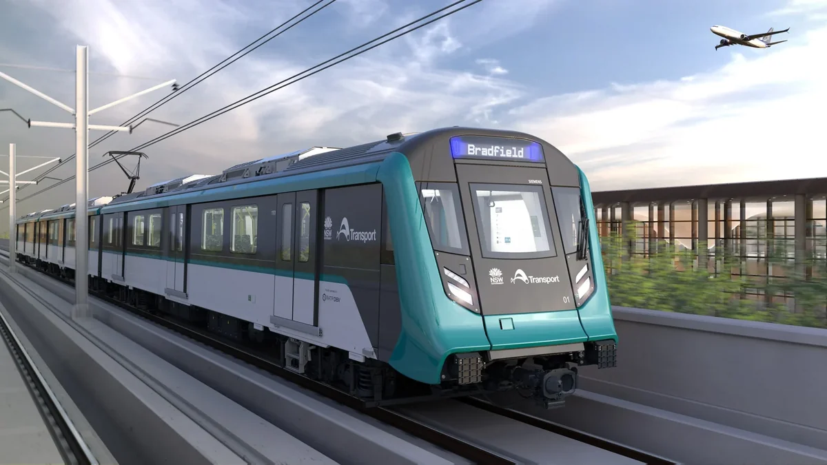 Western Sydney Airport metro train rendering Rendering of a Western Sydney Airport metro train on elevated track near the airport.