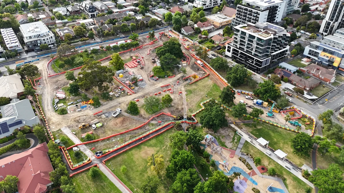 Aerial view of Suburban Rail Loop East construction works in Box Hill Gardens, Melbourne Aerial view of Suburban Rail Loop East construction works in Box Hill Gardens, Melbourne