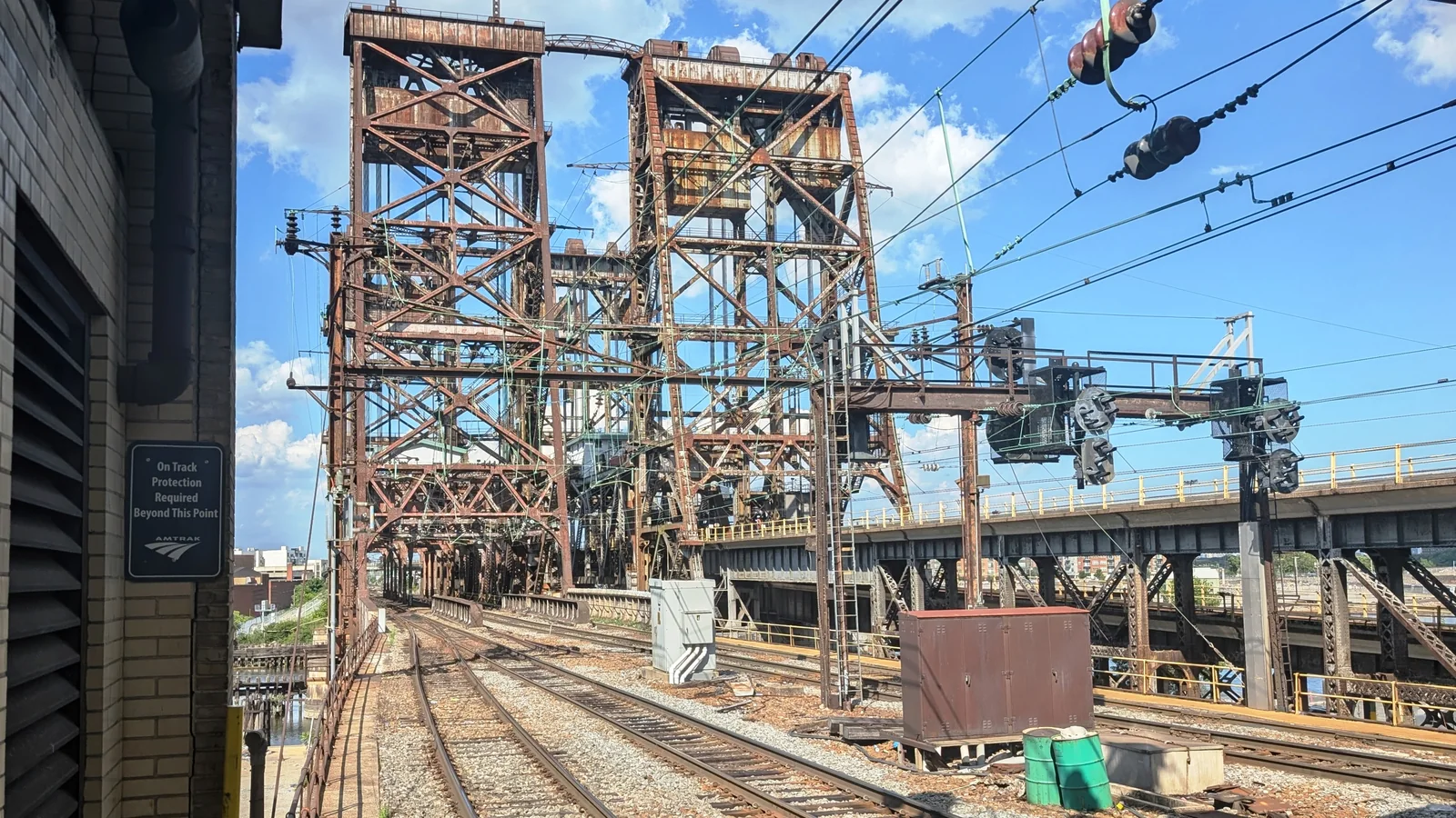 Dock Bridge lift towers and six-track rail approaches near Newark Penn Station Dock Bridge lift towers and six-track rail approaches near Newark Penn Station
