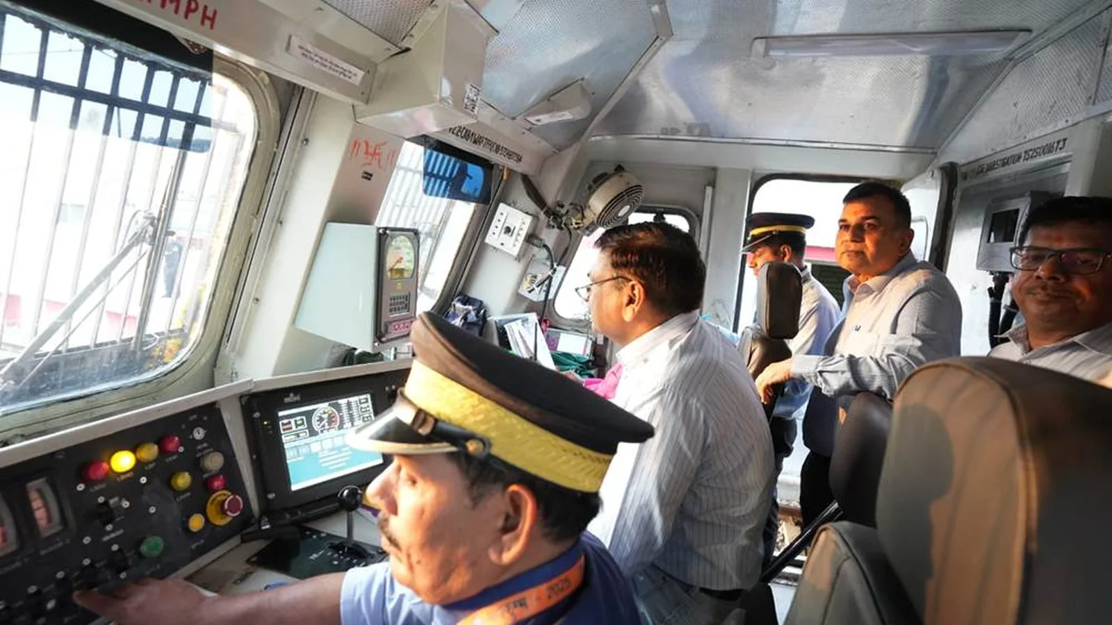 Indian Railways locomotive cab during Kavach commissioning on the Prayagraj–Kanpur section Indian Railways locomotive cab during Kavach commissioning on the Prayagraj–Kanpur section