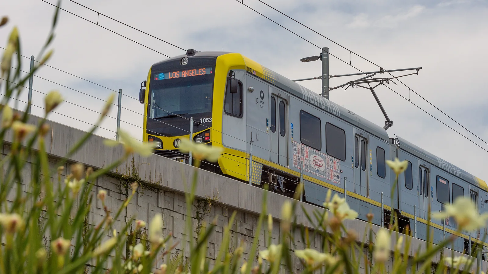 LA Metro E Line train operating on an elevated section of the rail network. LA Metro E Line train operating on an elevated section of the rail network.