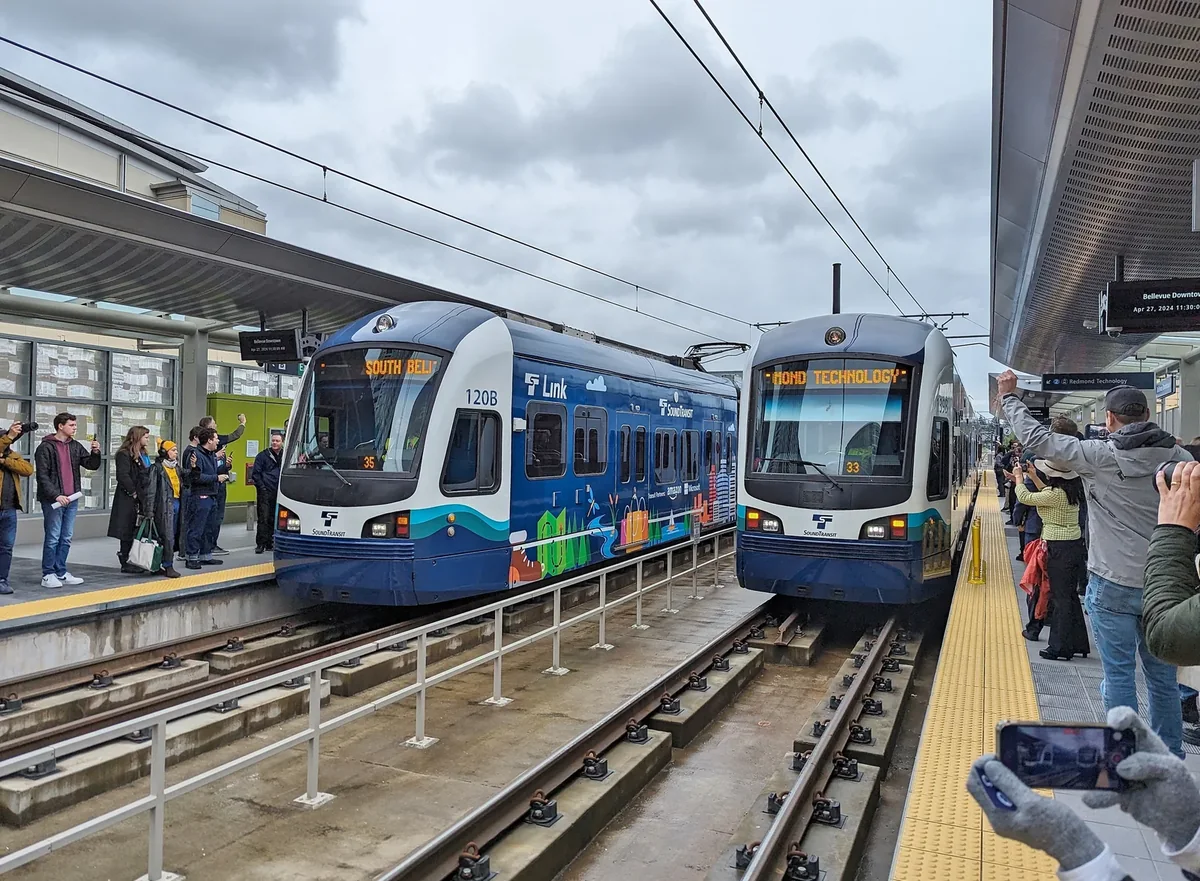 Two Link light rail trains at Bellevue Downtown Station Two Link light rail trains at Bellevue Downtown Station