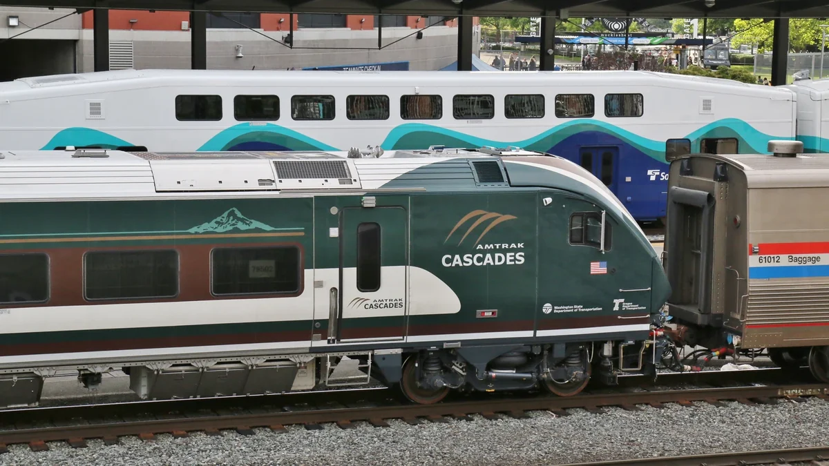 Amtrak Cascades Airo trainset near King Street Station in Seattle Amtrak Cascades Airo trainset near King Street Station in Seattle
