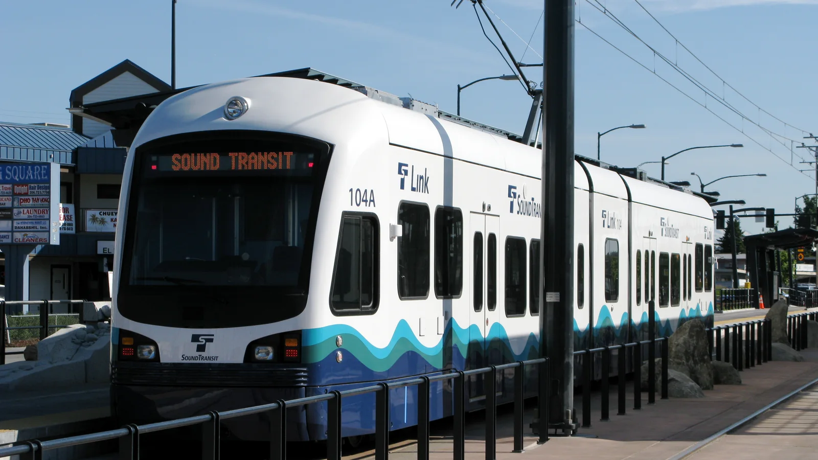 Sound Transit Link light rail vehicle at a station in Seattle Sound Transit Link light rail vehicle at a station in Seattle