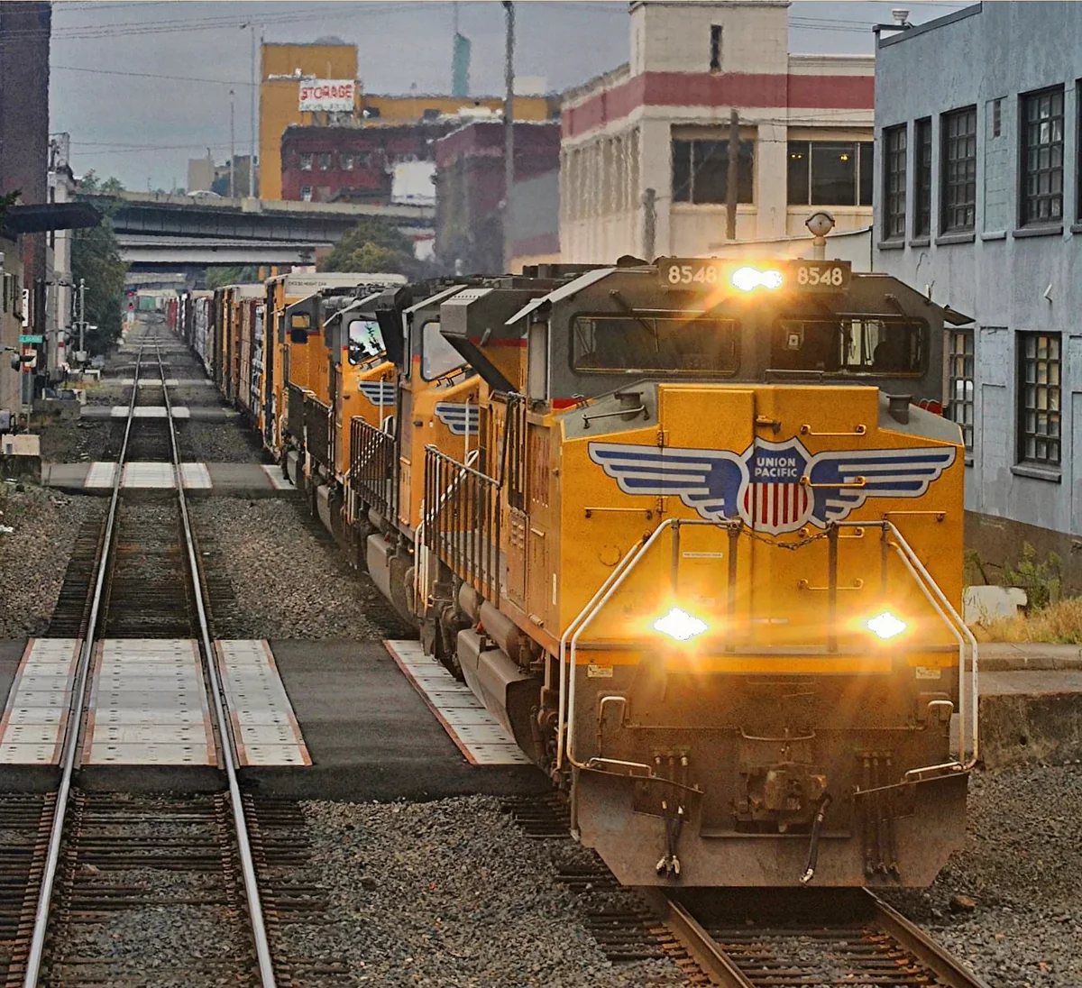 Union Pacific freight locomotives on tracks in Portland, Oregon Union Pacific freight locomotives on tracks in Portland, Oregon