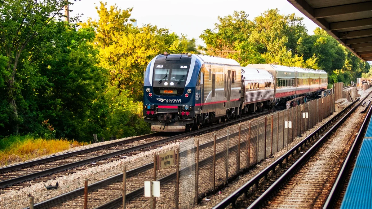 Amtrak Midwest Lincoln Service train leaving Chicago with a Siemens SC-44 Charger locomotive.