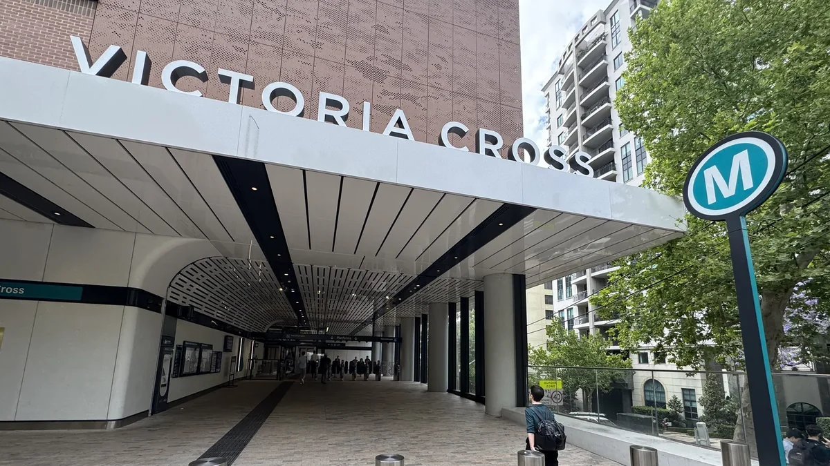 Northern entrance to Victoria Cross Metro station in North Sydney. Northern entrance to Victoria Cross Metro station in North Sydney.