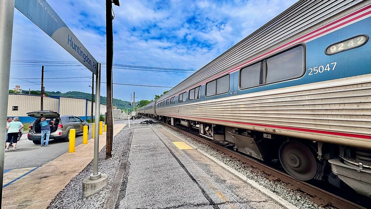 Amtrak Pennsylvanian train beside the platform at Huntingdon Station in Pennsylvania