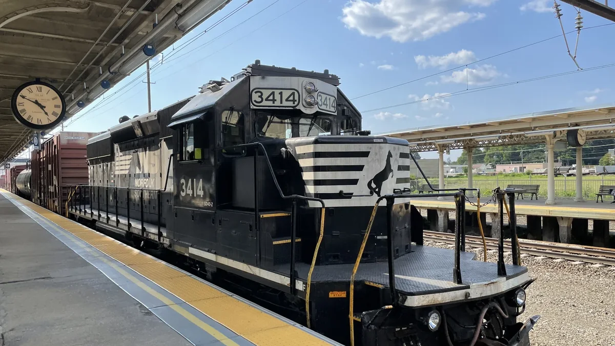 Norfolk Southern SD40-2 locomotive 3414 leading a local freight train at Lancaster Station in Pennsylvania
