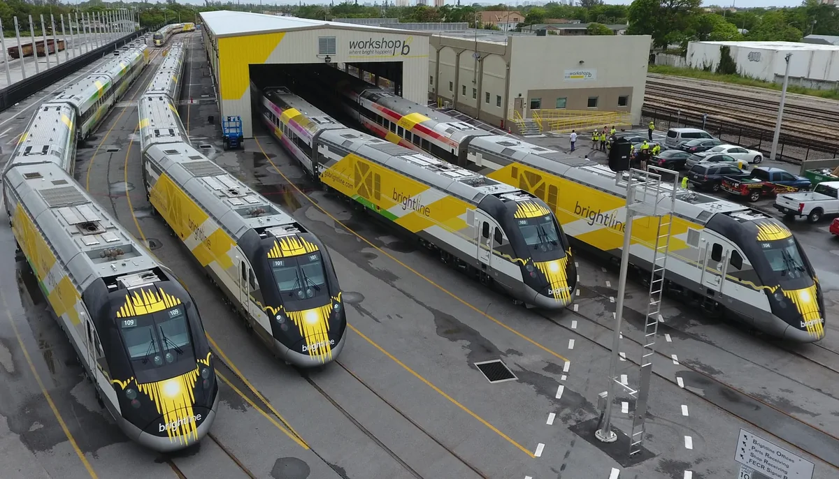 Five Brightline trainsets at Workshop b in West Palm Beach, Florida