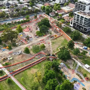 Aerial view of Suburban Rail Loop East construction works in Box Hill Gardens, Melbourne