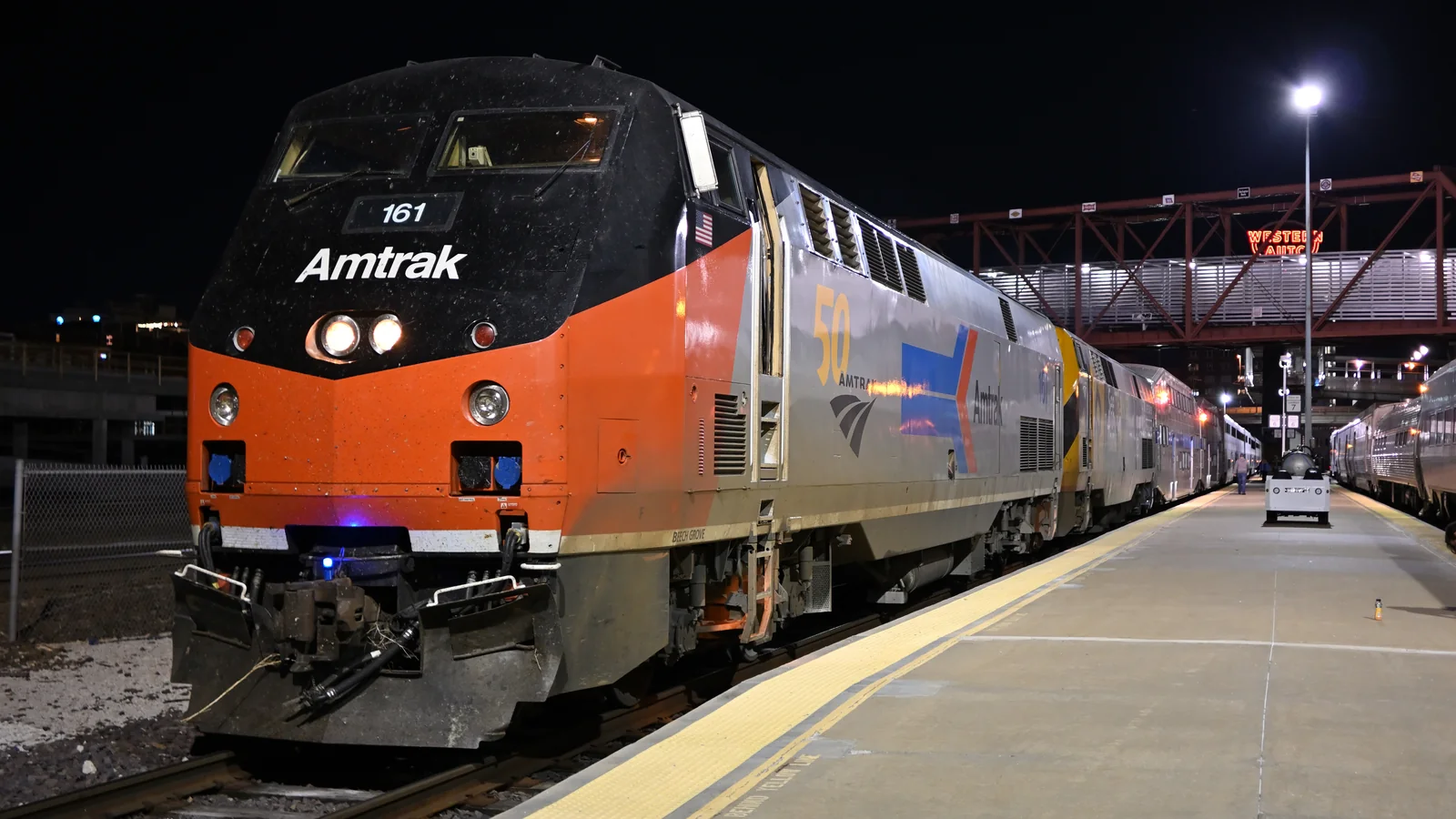 Amtrak Southwest Chief at Kansas City Union Station at night