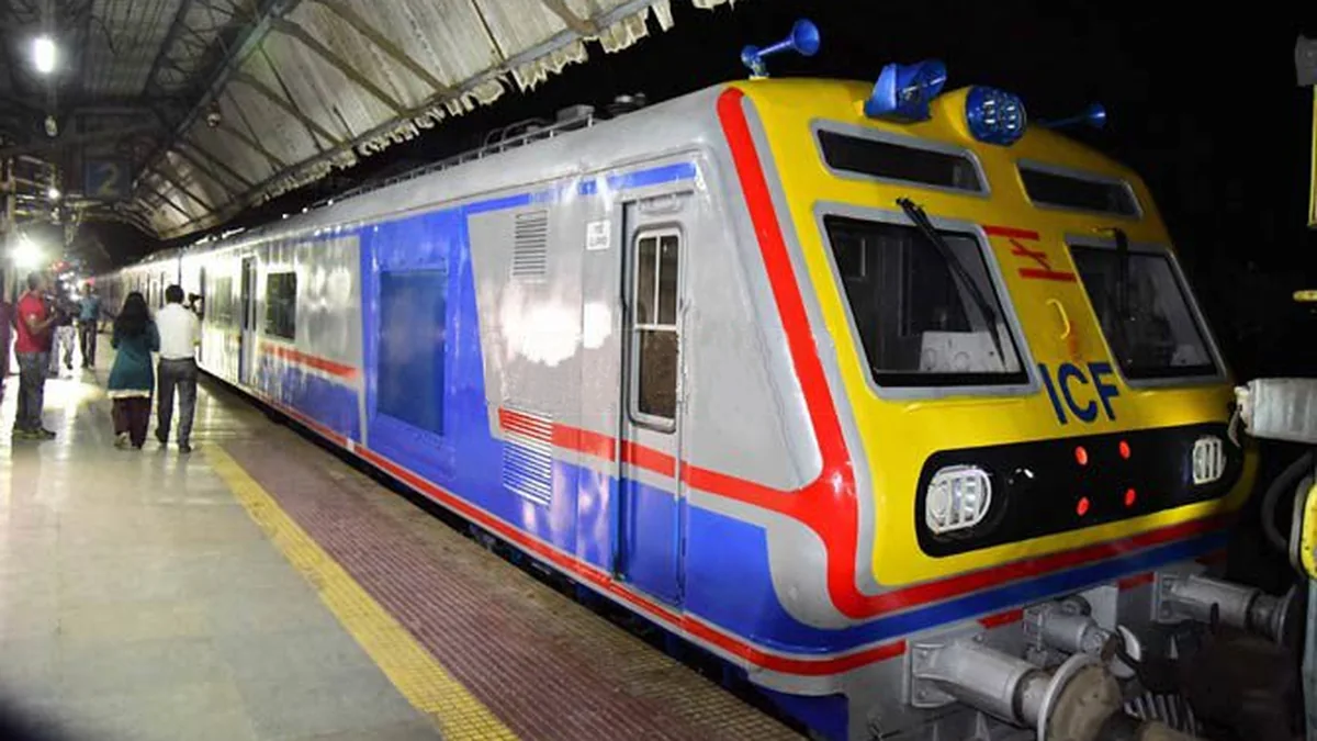 Air-conditioned Mumbai Suburban Railway EMU standing at Virar station