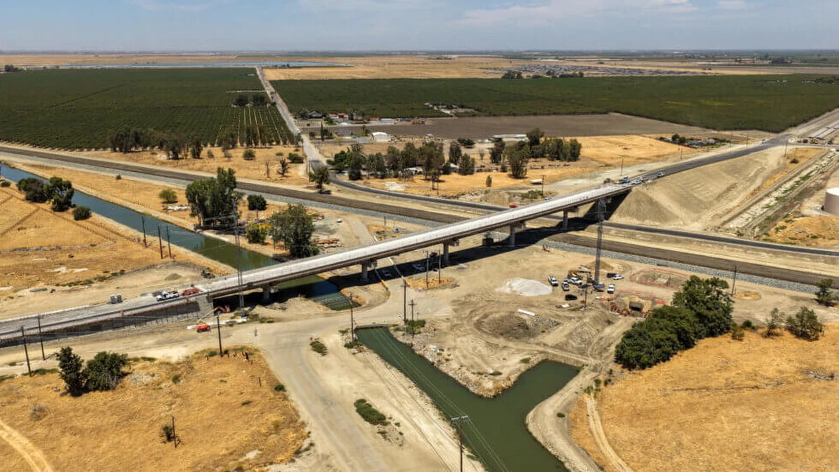 Aerial view of the Corcoran Highway grade separation over the future California high-speed rail alignment in Kings County