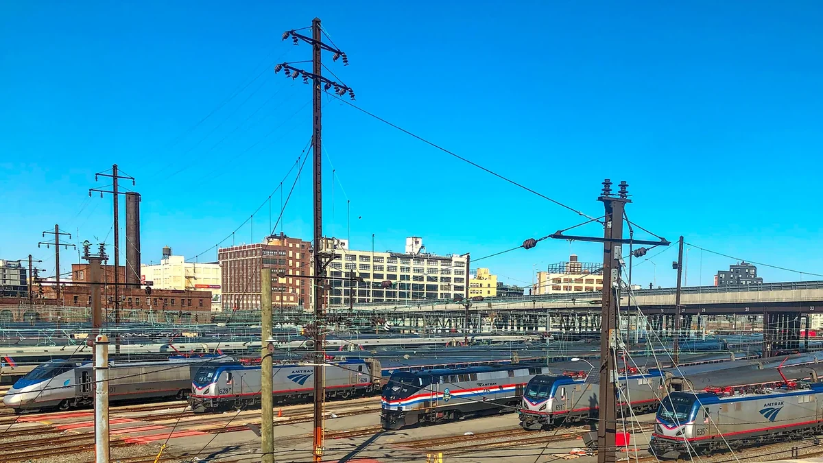 Amtrak trains waiting in Sunnyside Yard in Queens, New York