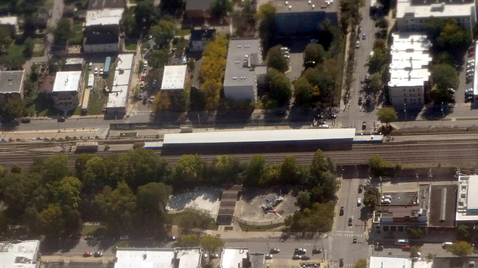 Aerial view of the elevated CTA Green Line Austin station structure in Chicago