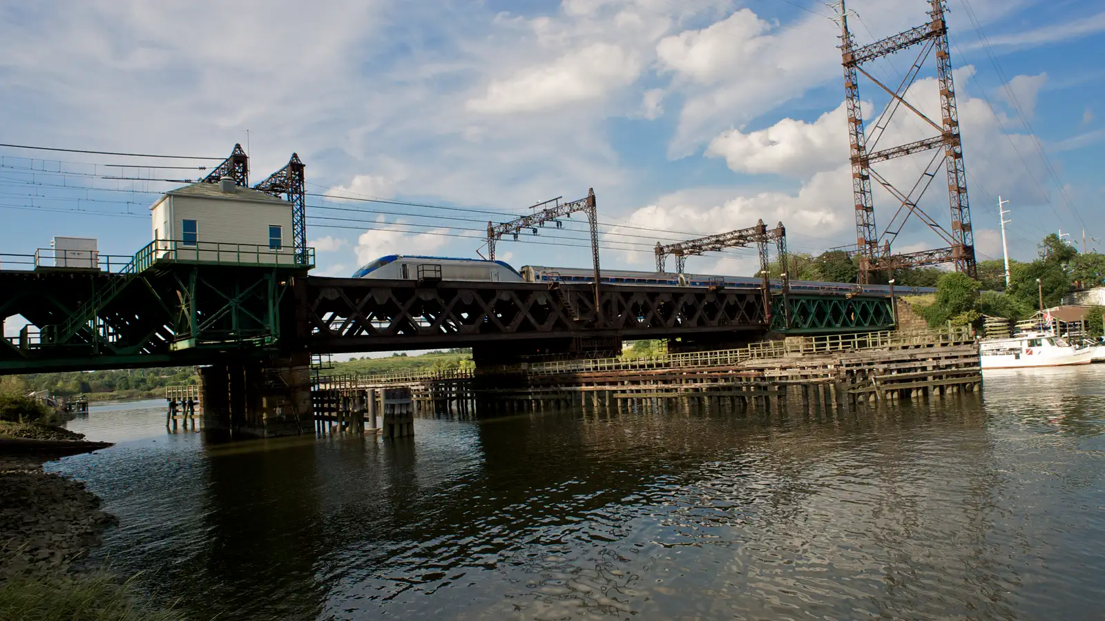 Amtrak Northeast Regional train crossing the WALK Bridge over the Norwalk River in Connecticut