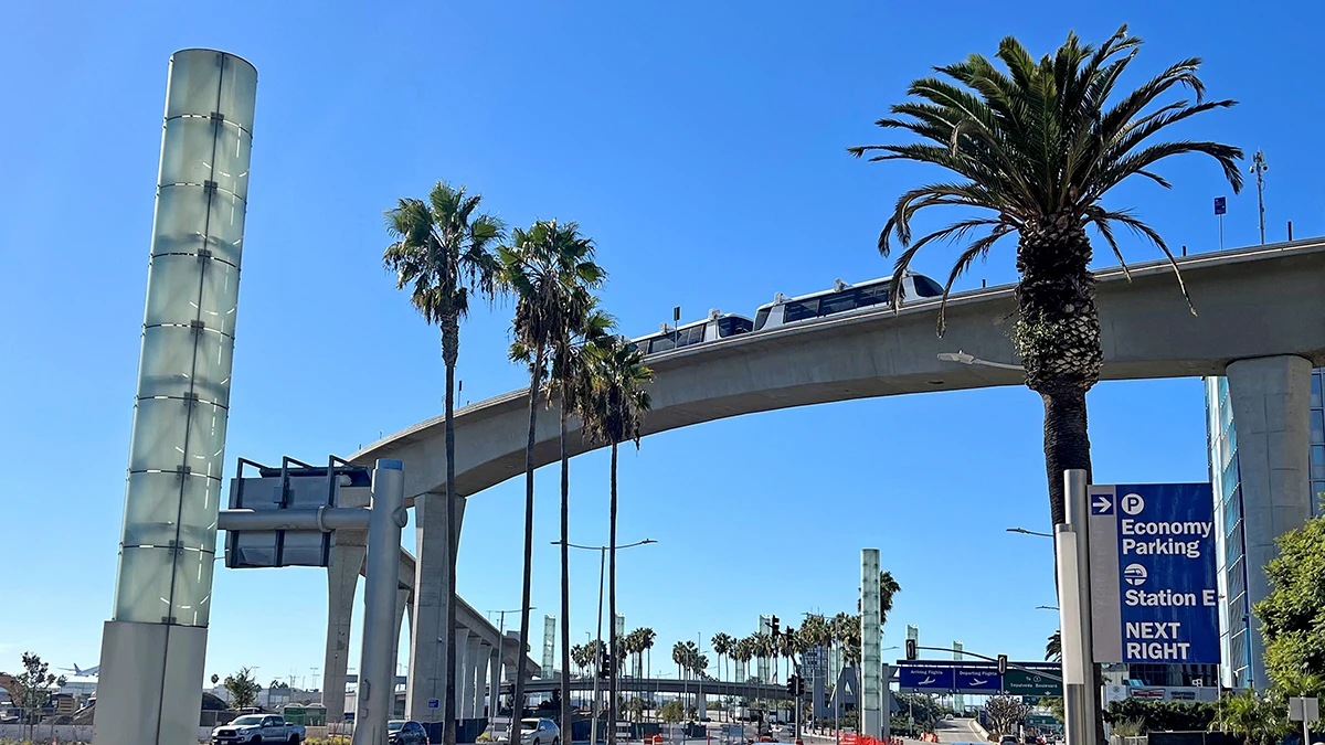     LAX Automated People Mover train testing on the elevated guideway over Century Boulevard
