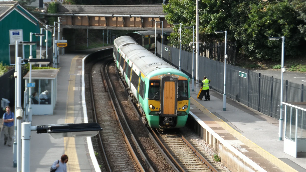 A Southern Rail Class 377 train at Lewes railway station, East Sussex, on the line affected by the August 2026 derailment