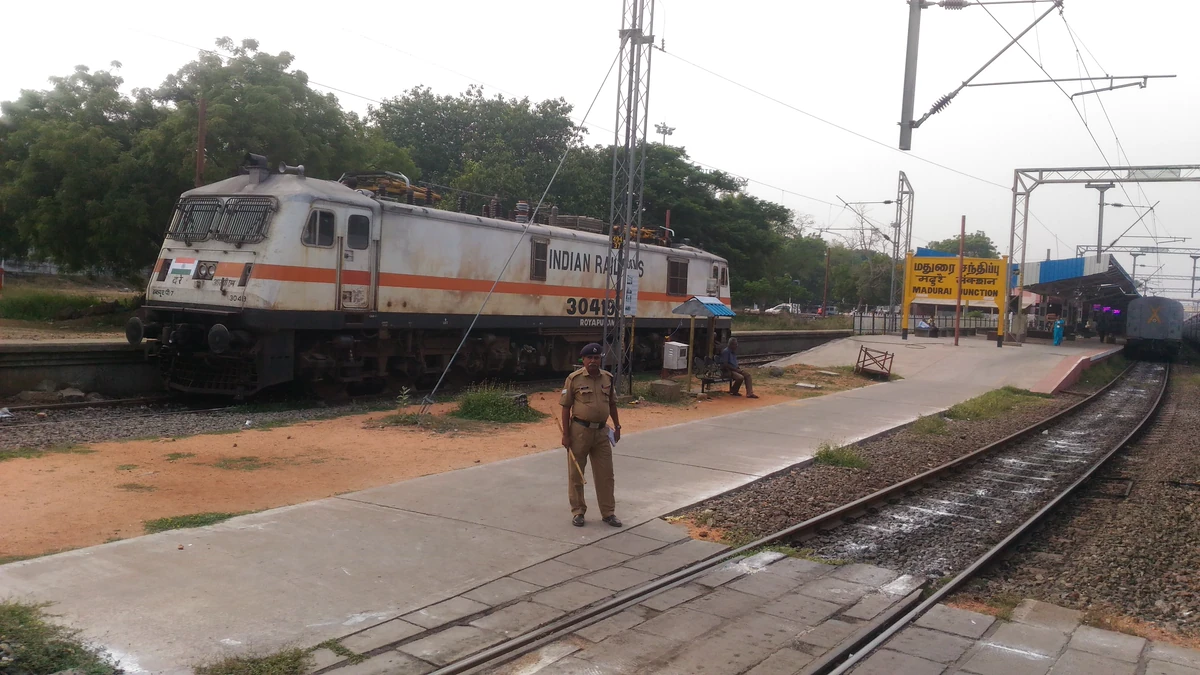 Madurai Junction Platform 1 with an Indian Railways locomotive in Tamil Nadu before redevelopment