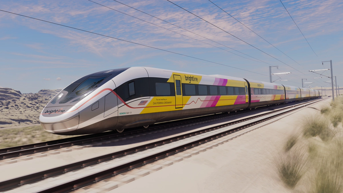 Rendering of a Brightline West high-speed train for the Southern California–Las Vegas route