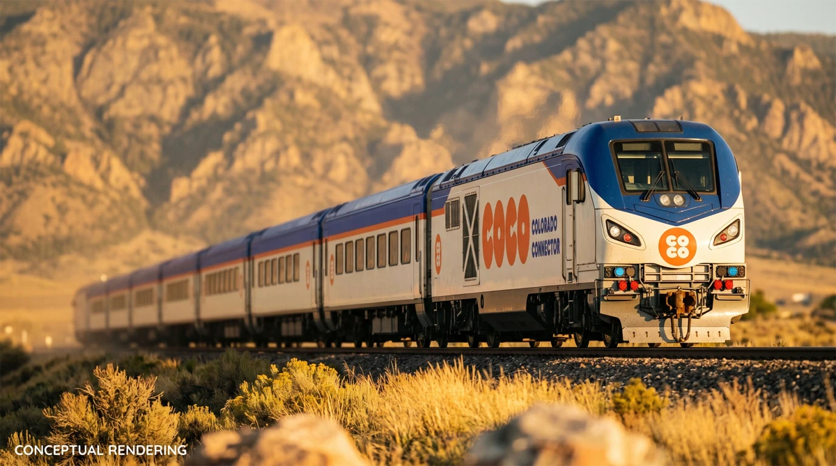 Conceptual rendering of a Colorado Connector passenger train along the Front Range