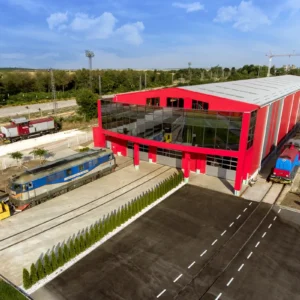 Express Service locomotive plant in Ruse with locomotives outside the production workshops