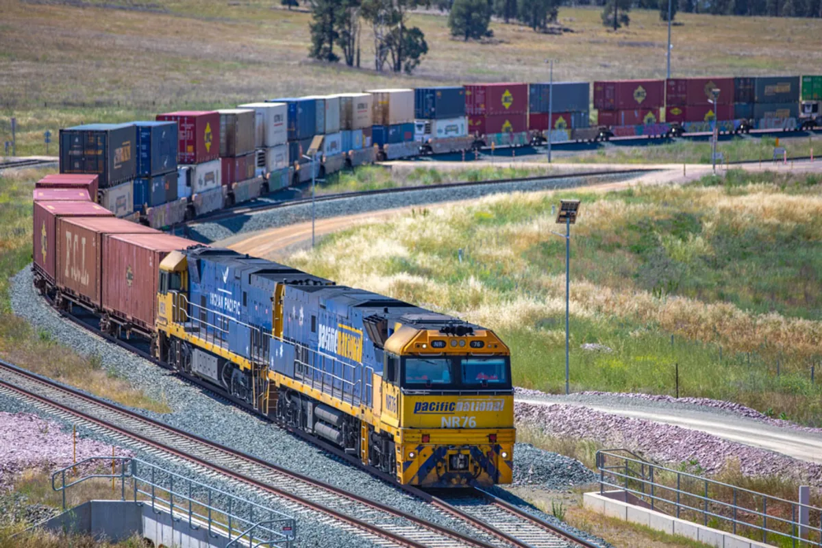 Double-stacked freight train on an Australian rail network